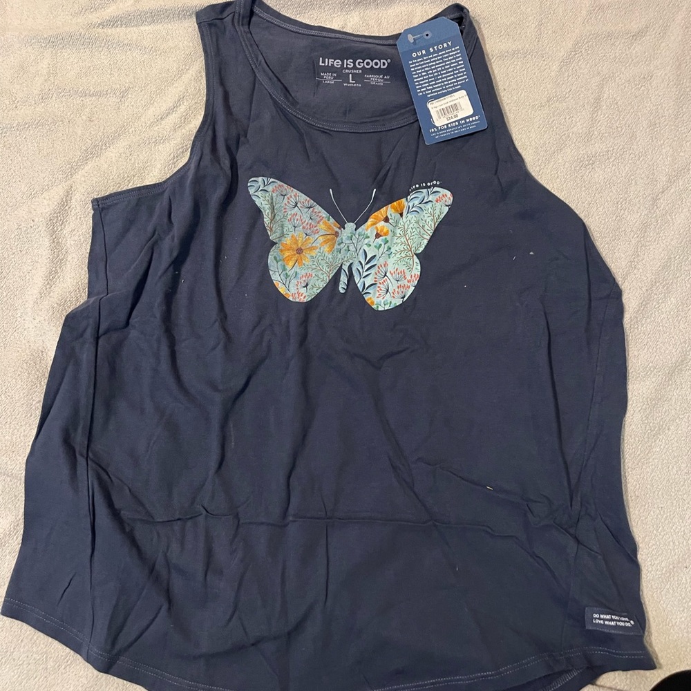 Life is Good blue butterfly tank NWT